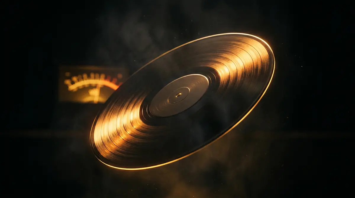 Un máster terminado: un vinilo irradiando luz dorada sobre fondo oscuro